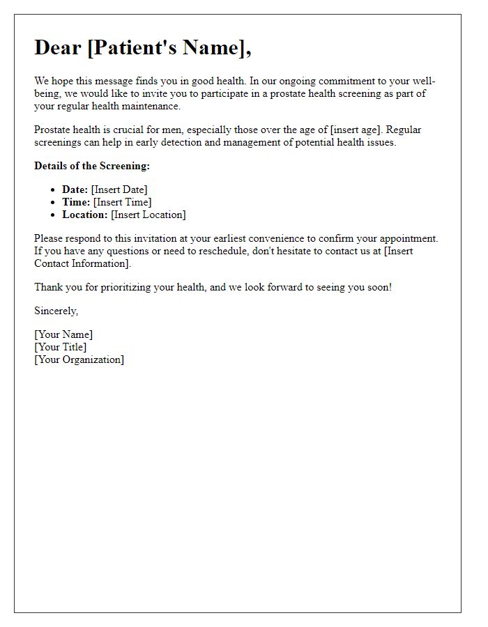 Letter template of prostate health screening invitation for regular health maintenance