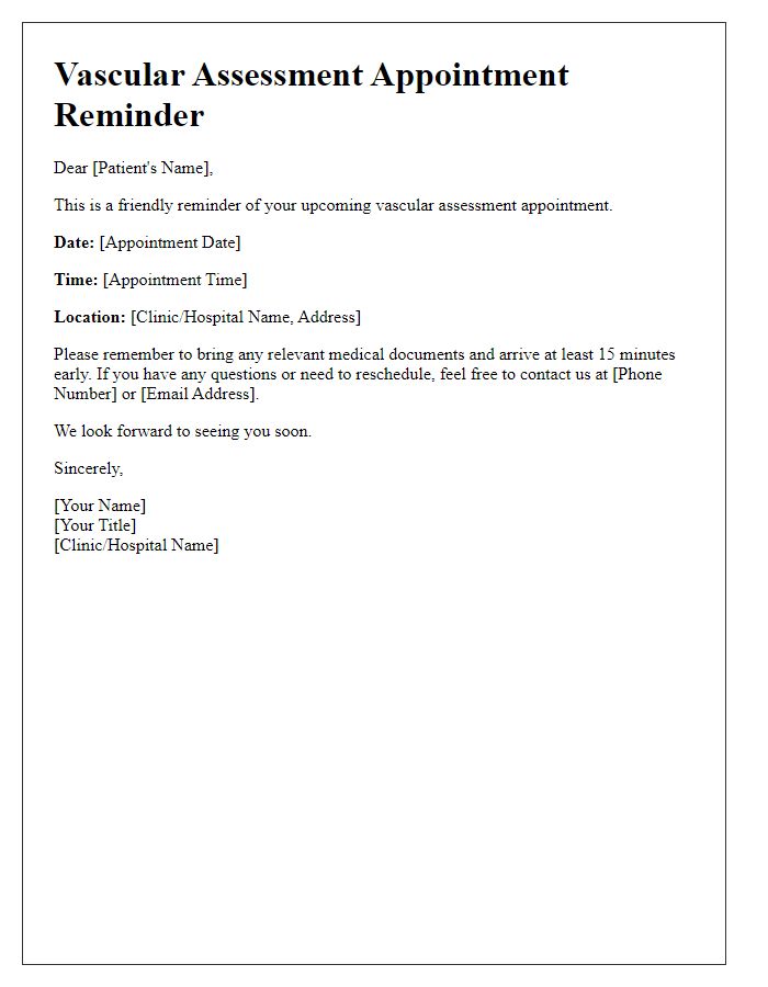 Letter template of vascular assessment appointment reminder