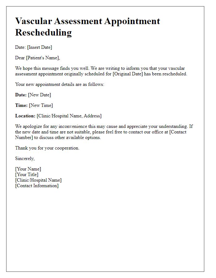 Letter template of vascular assessment appointment rescheduling