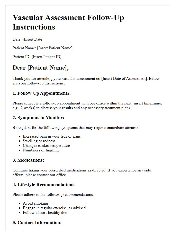 Letter template of vascular assessment follow-up instructions