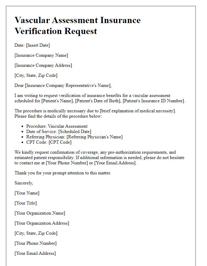 Letter template of vascular assessment insurance verification request