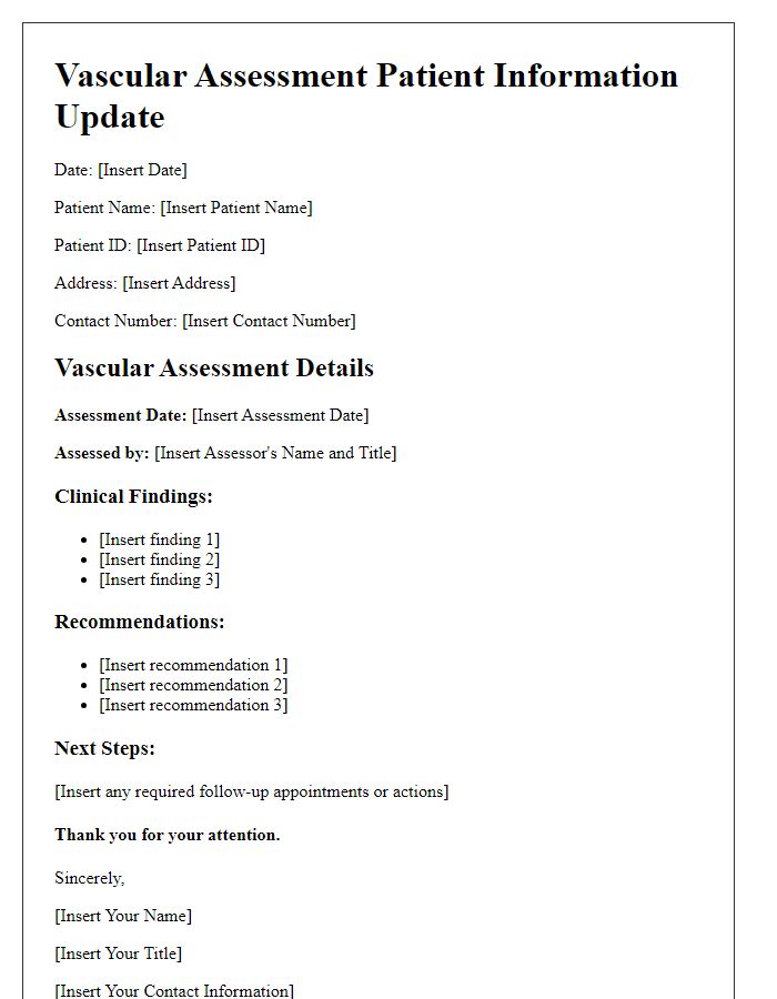 Letter template of vascular assessment patient information update