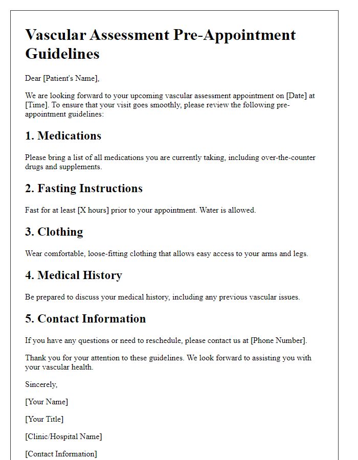 Letter template of vascular assessment pre-appointment guidelines