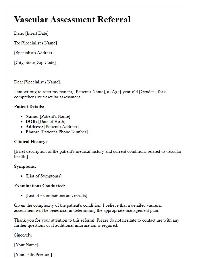 Letter template of vascular assessment referral to specialist