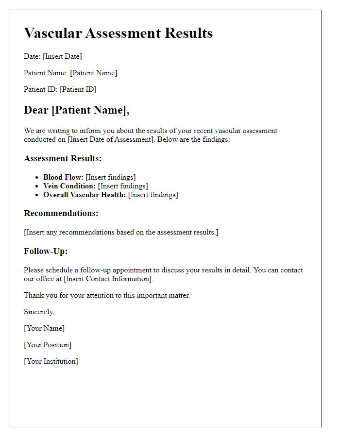 Letter template of vascular assessment results communication