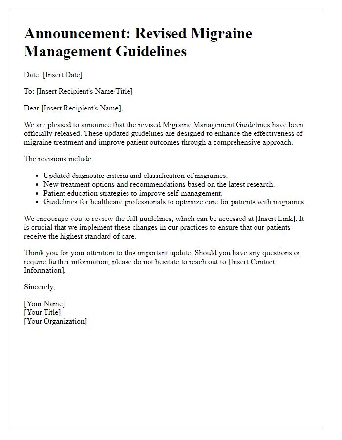 Letter template of announcement regarding revised migraine management guidelines