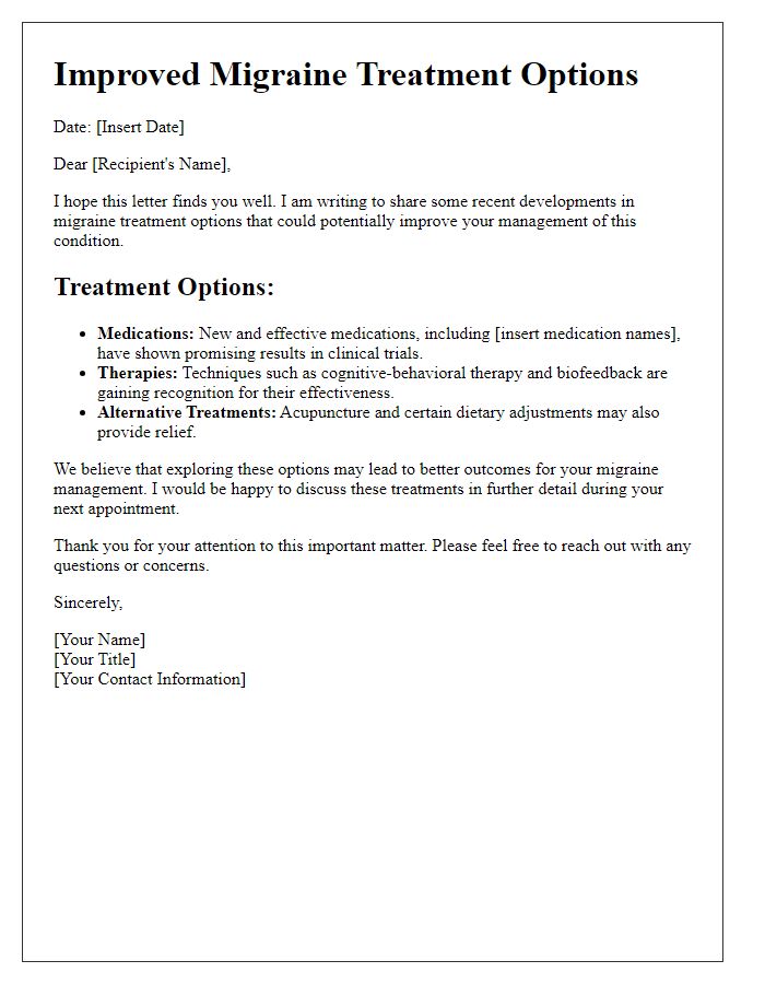 Letter template of details for improved migraine treatment options