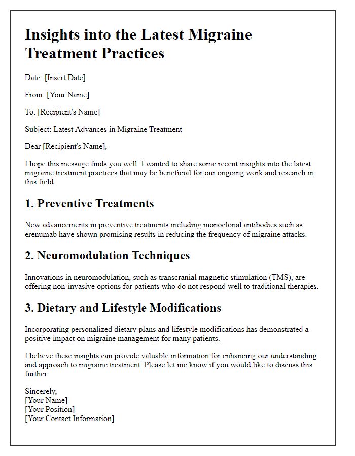 Letter template of insights into the latest migraine treatment practices