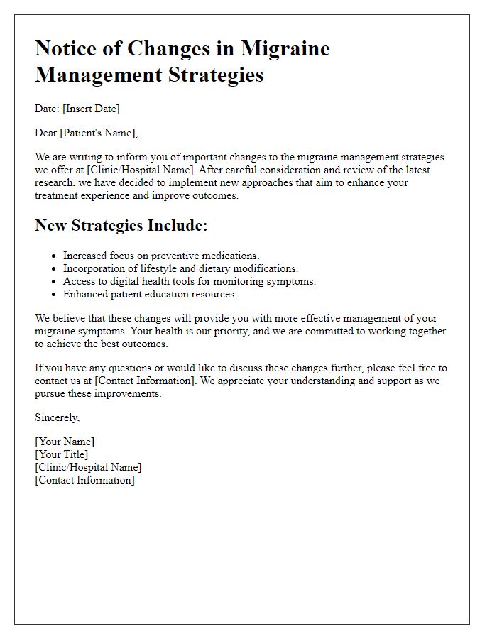 Letter template of notice about changes in migraine management strategies