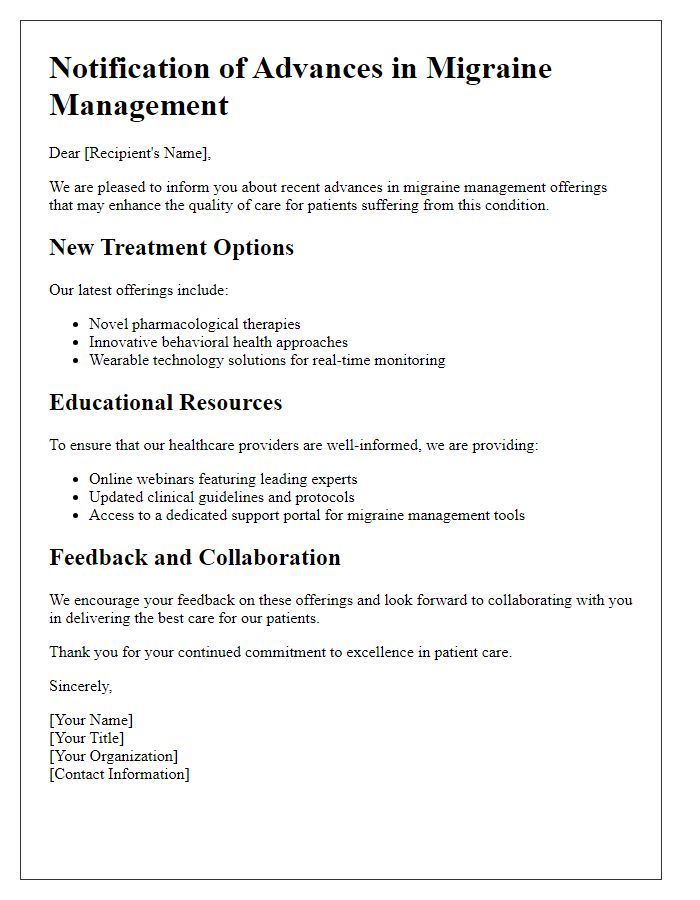 Letter template of notification on recent advances in migraine management offerings