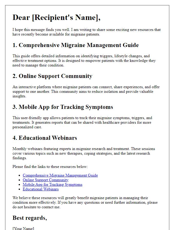 Letter template of summary on new resources for migraine patients