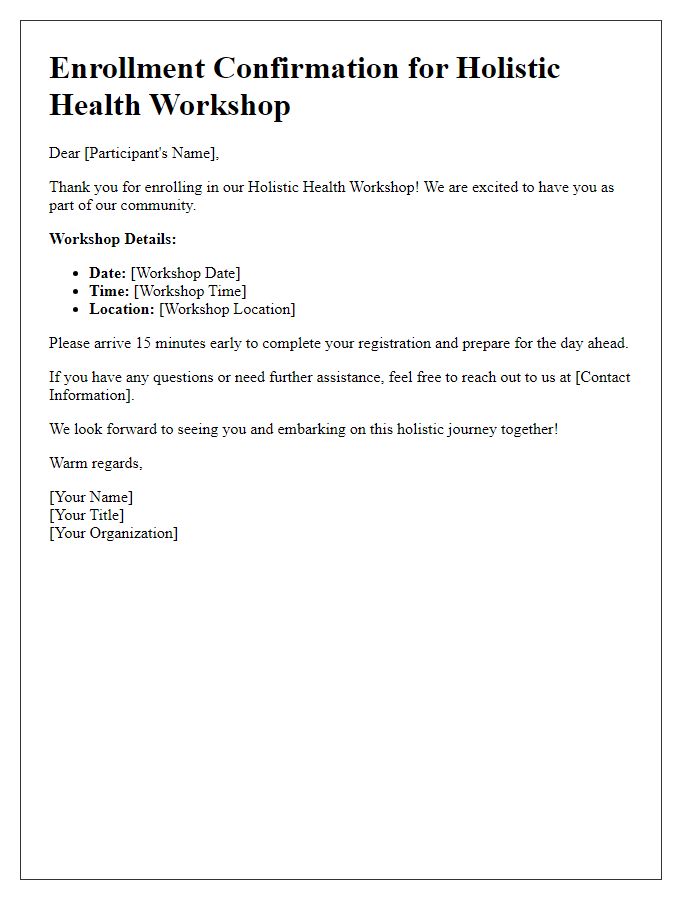 Letter template of enrollment confirmation for holistic health workshop