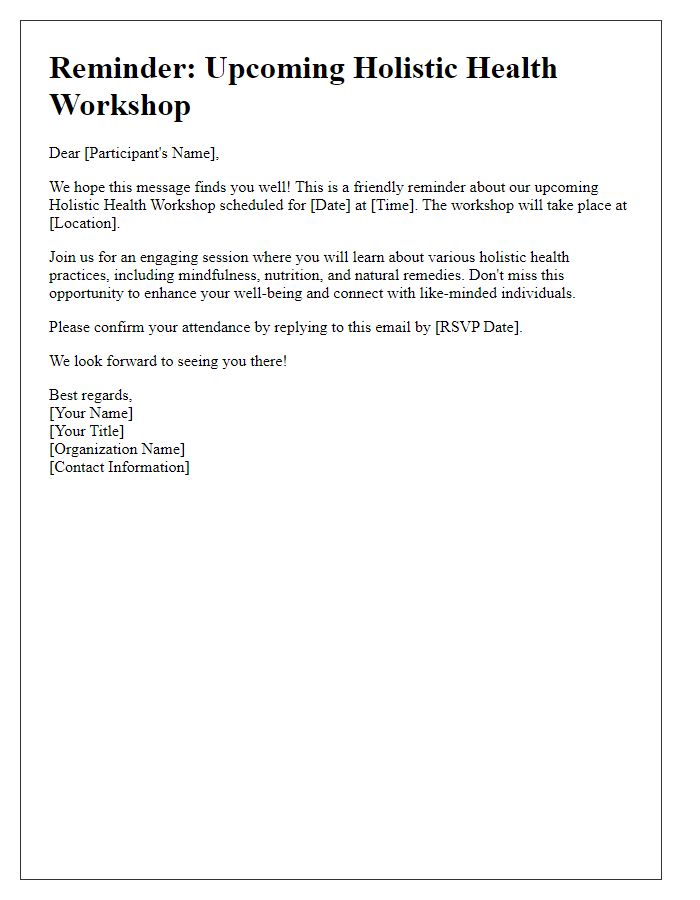 Letter template of reminder for upcoming holistic health workshop