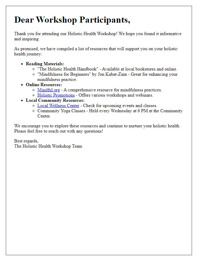 Letter template of resources provided for holistic health workshop participants