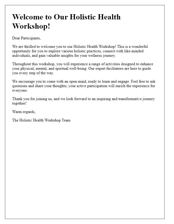 Letter template of welcome message for holistic health workshop participants