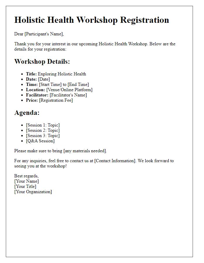 Letter template of workshop details for holistic health registration