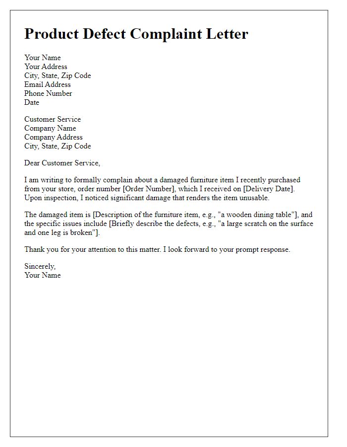 Letter template of product defect complaint for damaged furniture.