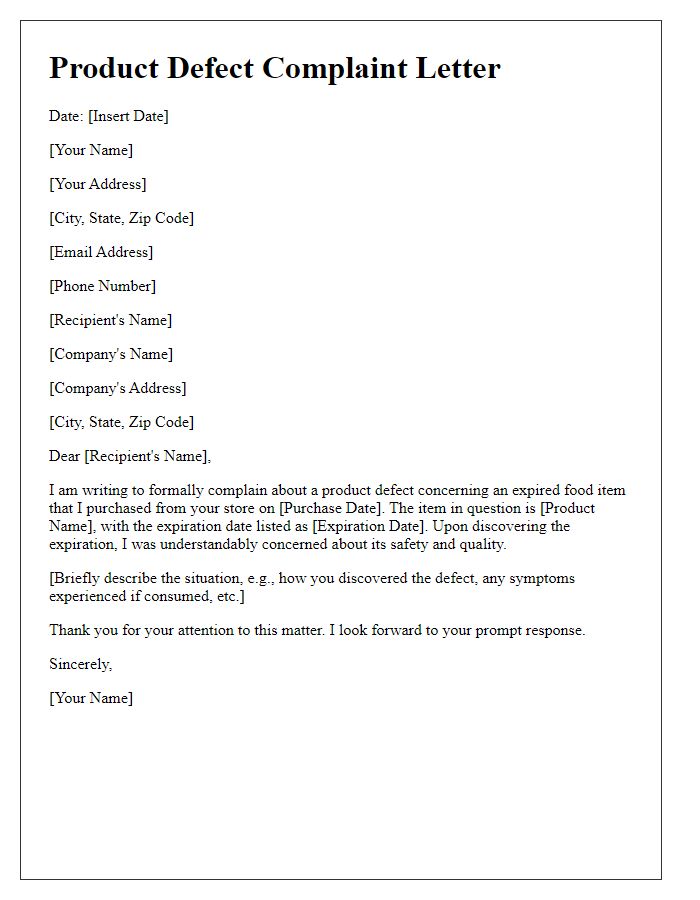 Letter template of product defect complaint for expired food items.