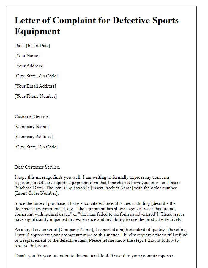 Letter template of product defect complaint for subpar sports equipment.