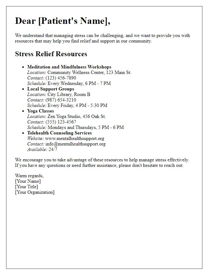 Letter template of community resources for stress relief for patients