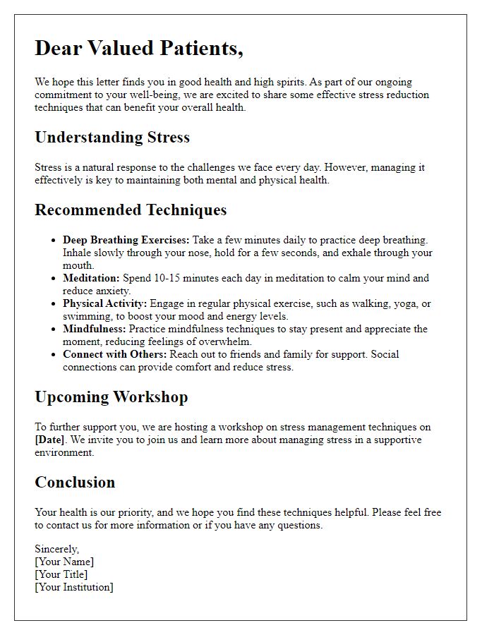 Letter template of educational outreach on stress reduction techniques for patients