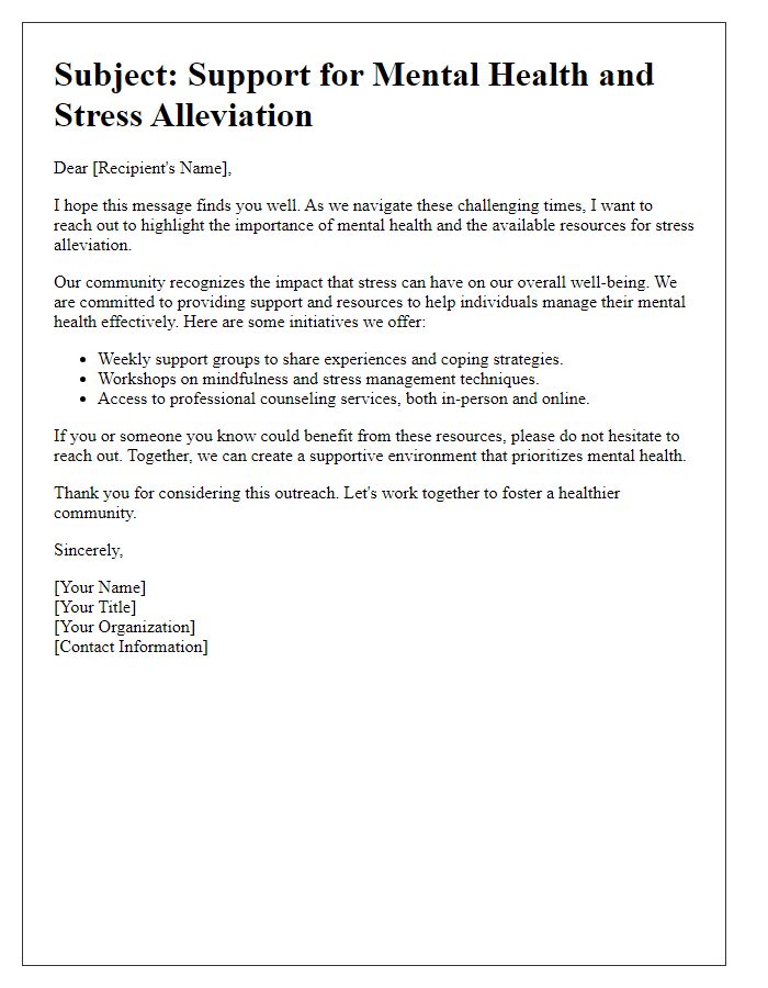 Letter template of outreach for mental health and stress alleviation