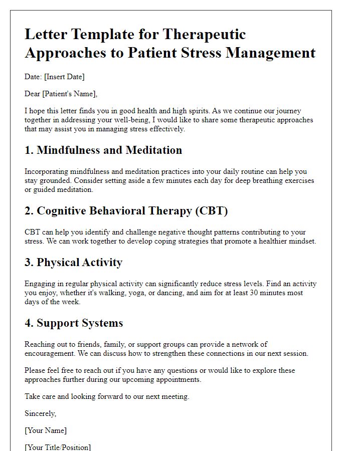 Letter template of therapeutic approaches to patient stress management