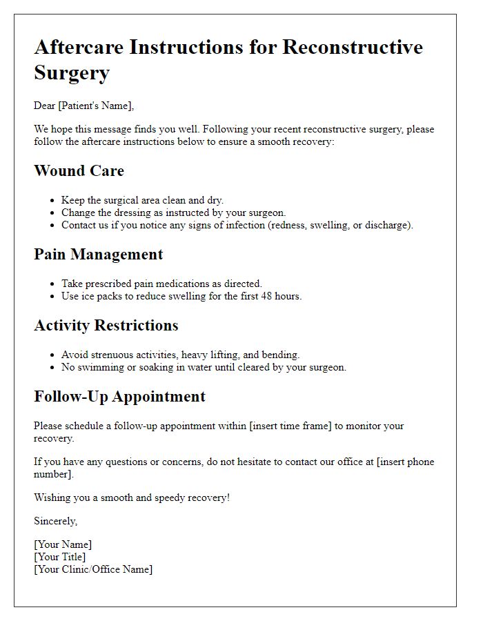 Letter template of aftercare instructions for reconstructive surgery