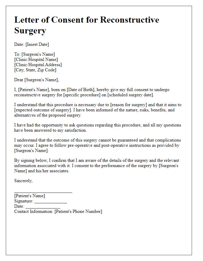 Letter template of consent for reconstructive surgery procedures