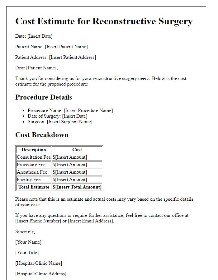 Letter template of cost estimate for reconstructive surgery