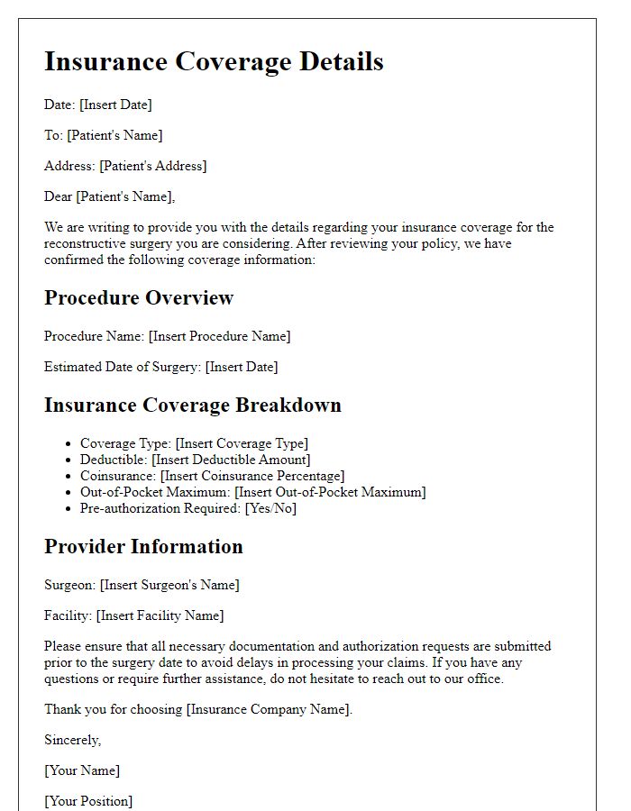 Letter template of insurance coverage details for reconstructive surgery