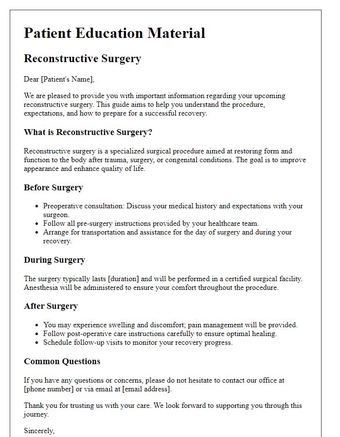 Letter template of patient education material for reconstructive surgery