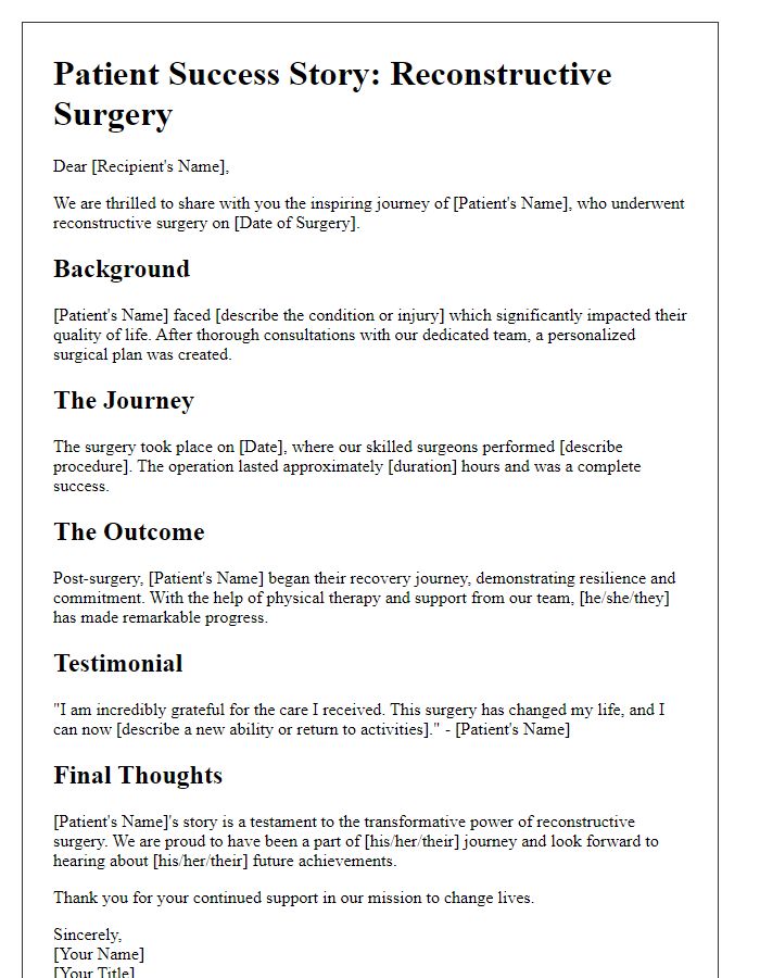 Letter template of patient success stories in reconstructive surgery