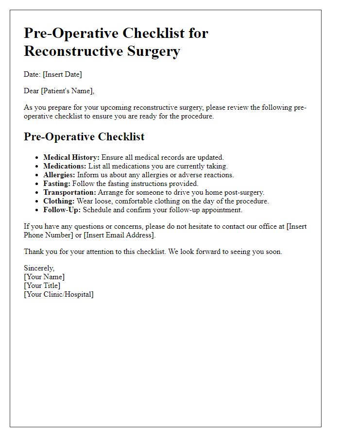 Letter template of pre-operative checklist for reconstructive surgery