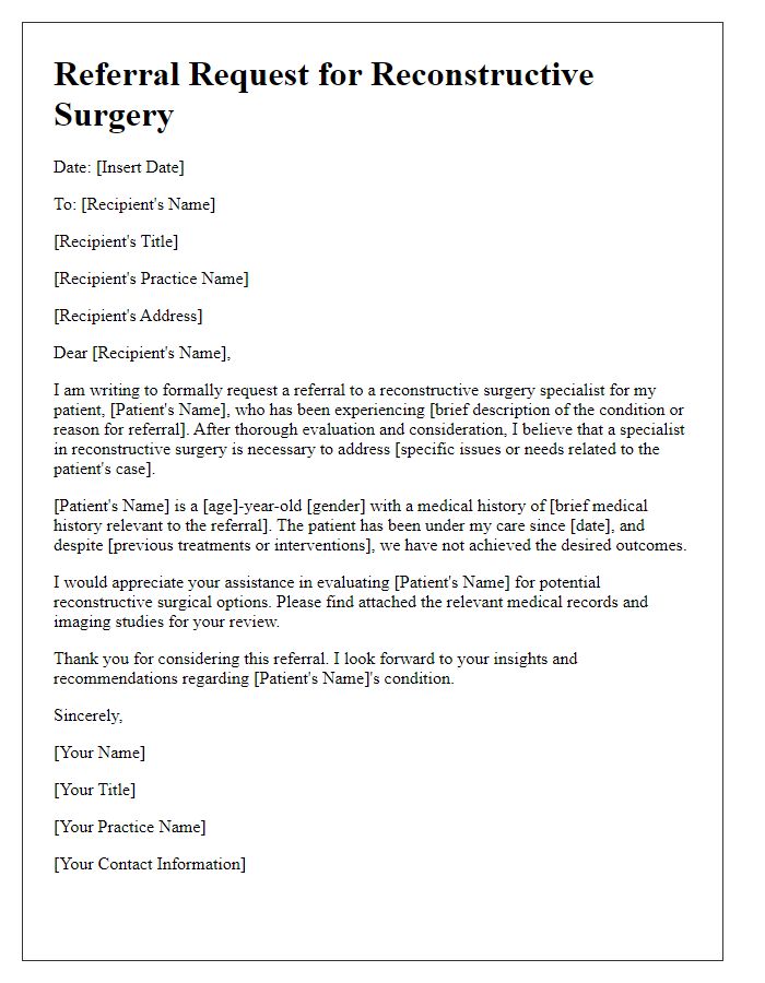 Letter template of referral request for reconstructive surgery specialist