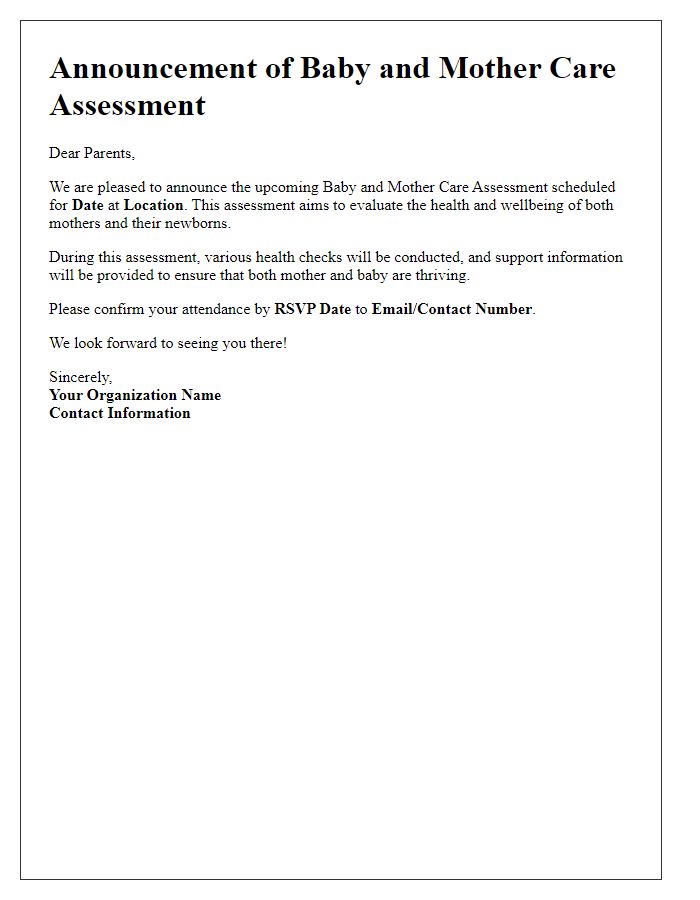 Letter template of baby and mother care assessment announcement