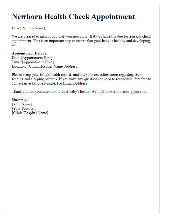 Letter template of newborn health check correspondence