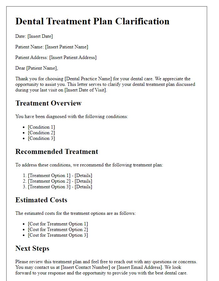 Letter template of dental treatment plan clarification