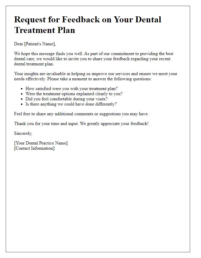 Letter template of dental treatment plan feedback request