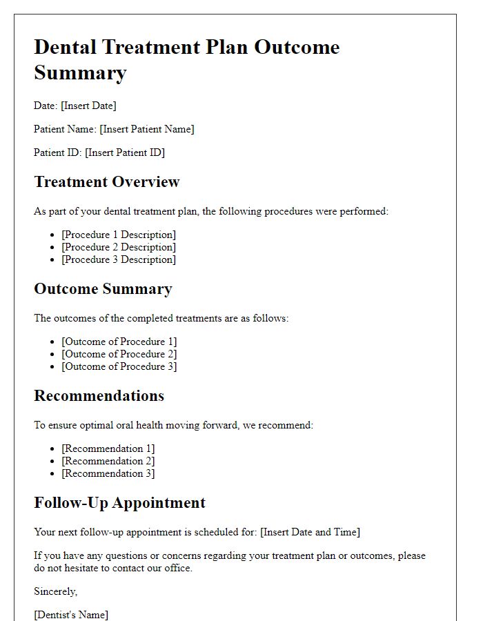 Letter template of dental treatment plan outcome summary