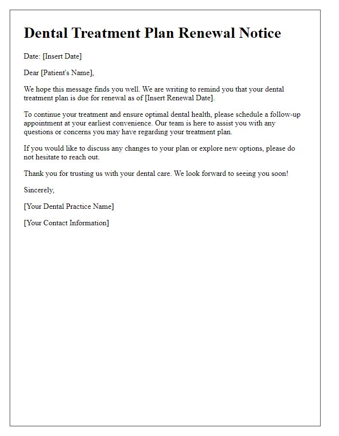 Letter template of dental treatment plan renewal notice