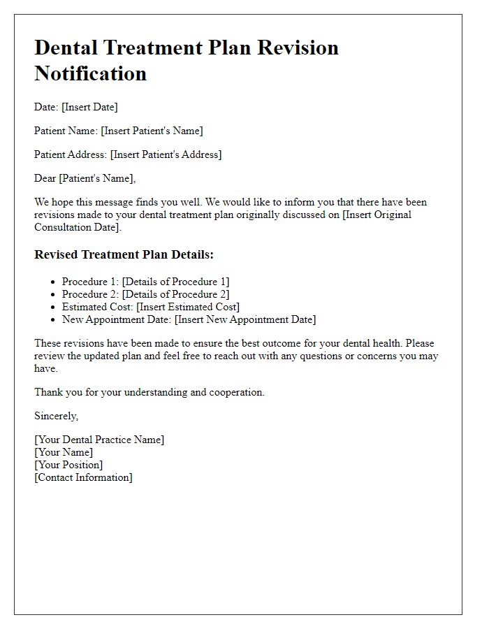 Letter template of dental treatment plan revision notification