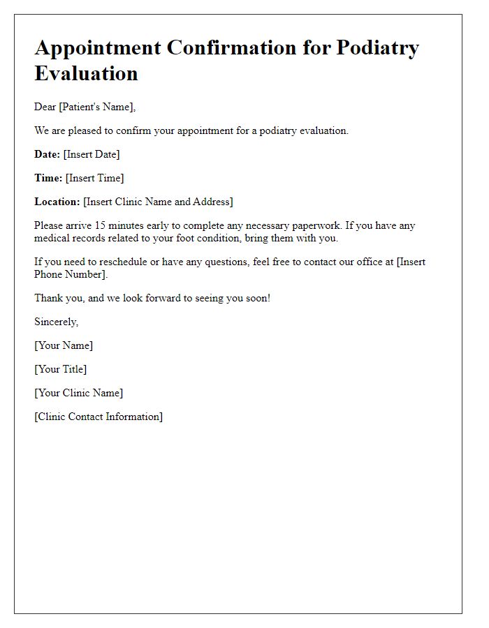 Letter template of scheduling a podiatry evaluation