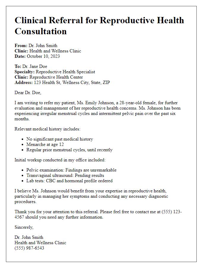 Letter template of clinical referral for reproductive health consultation.