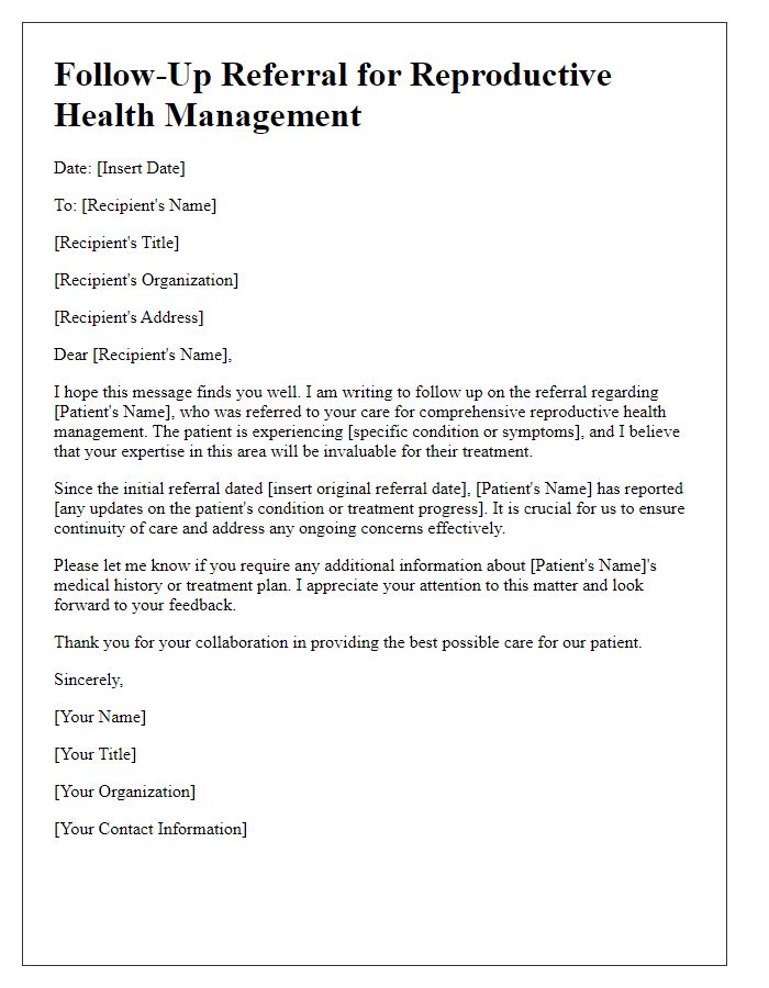 Letter template of follow-up referral for reproductive health management.