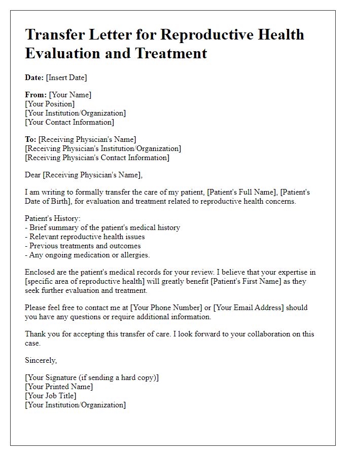 Letter template of transfer for reproductive health evaluation and treatment.