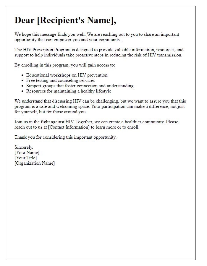 Letter template of encouragement to enroll in the HIV prevention program.