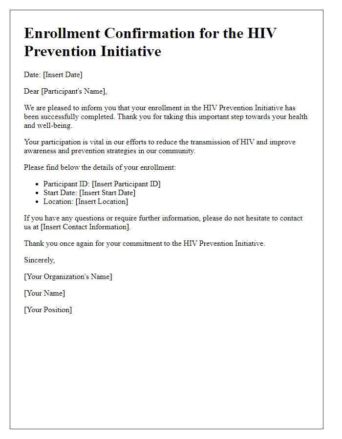 Letter template of enrollment confirmation for the HIV prevention initiative.