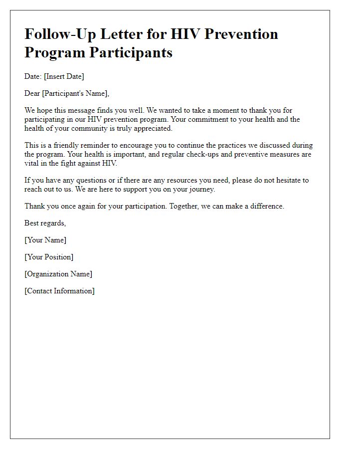 Letter template of follow-up for participants in the HIV prevention program.