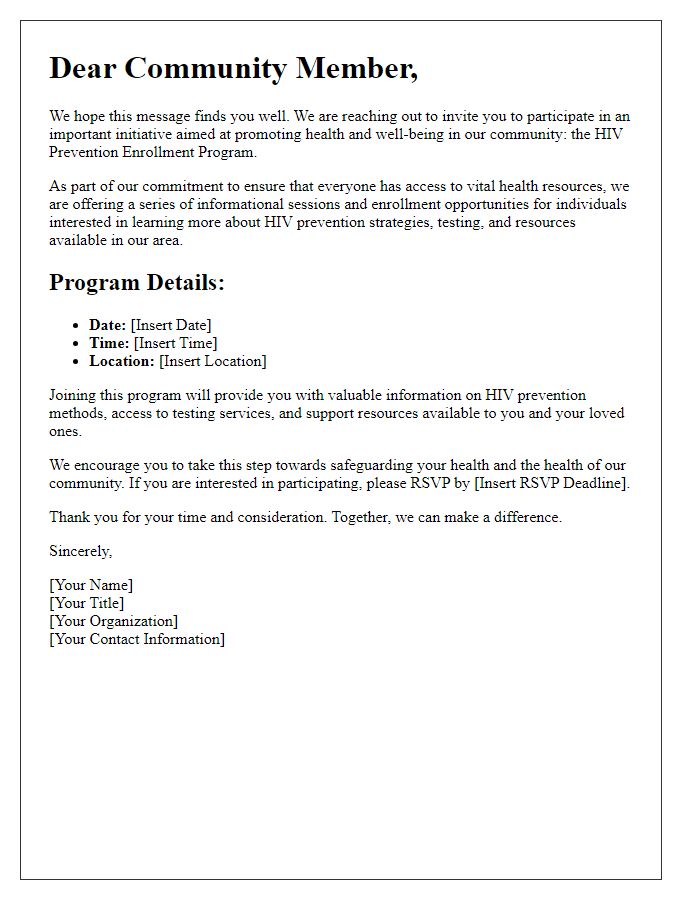 Letter template of outreach for community members regarding HIV prevention enrollment.